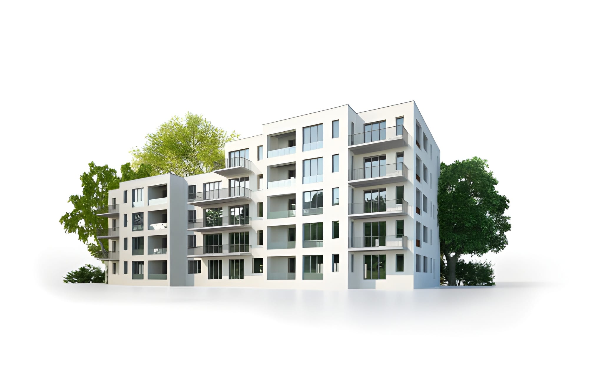 About A modern apartment building with rooftop pool and vertical gardens
